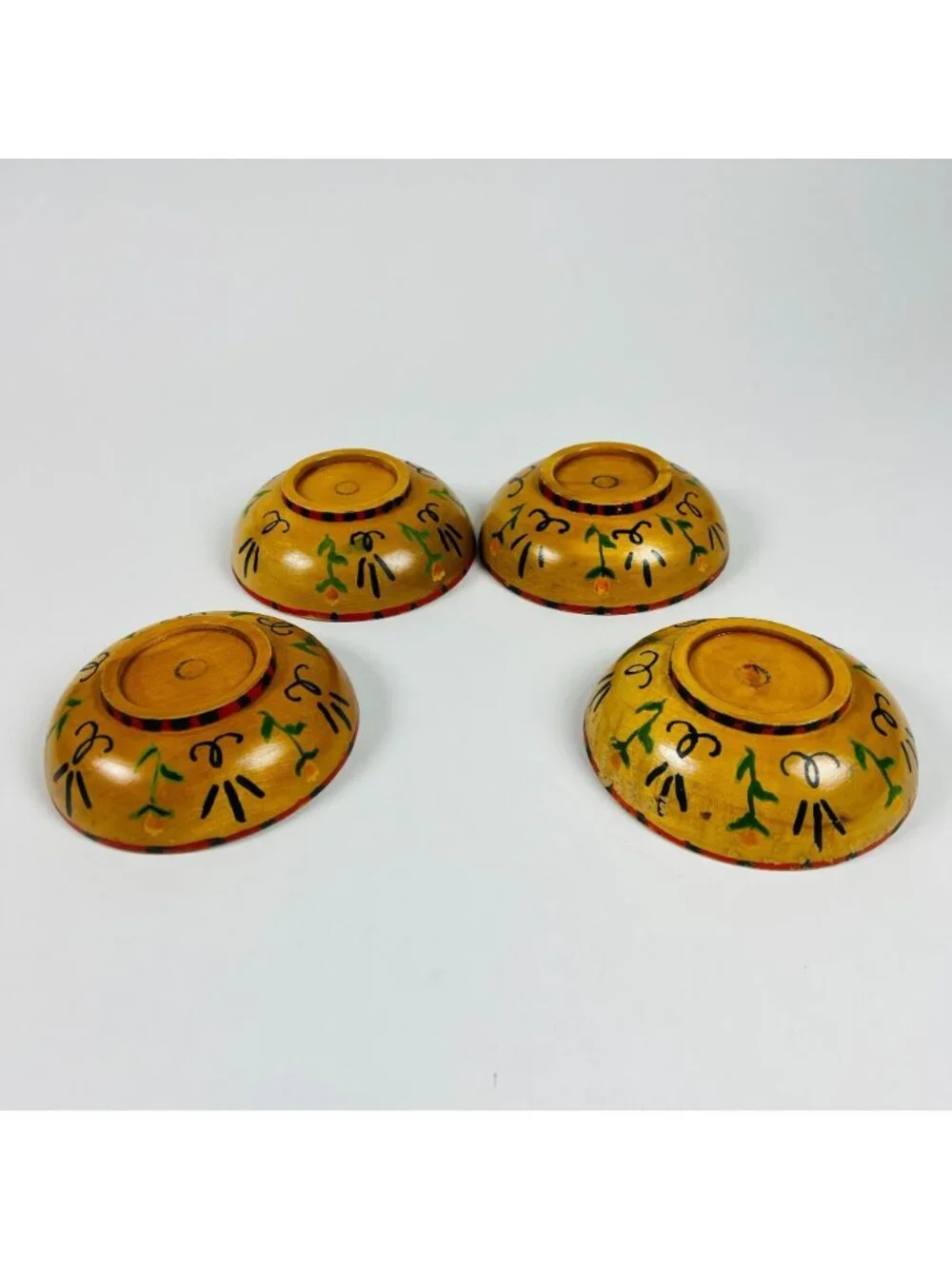 Vintage Occupied Japan Wooden Bowls 4 Floral Yellow & Green Rustic Decor